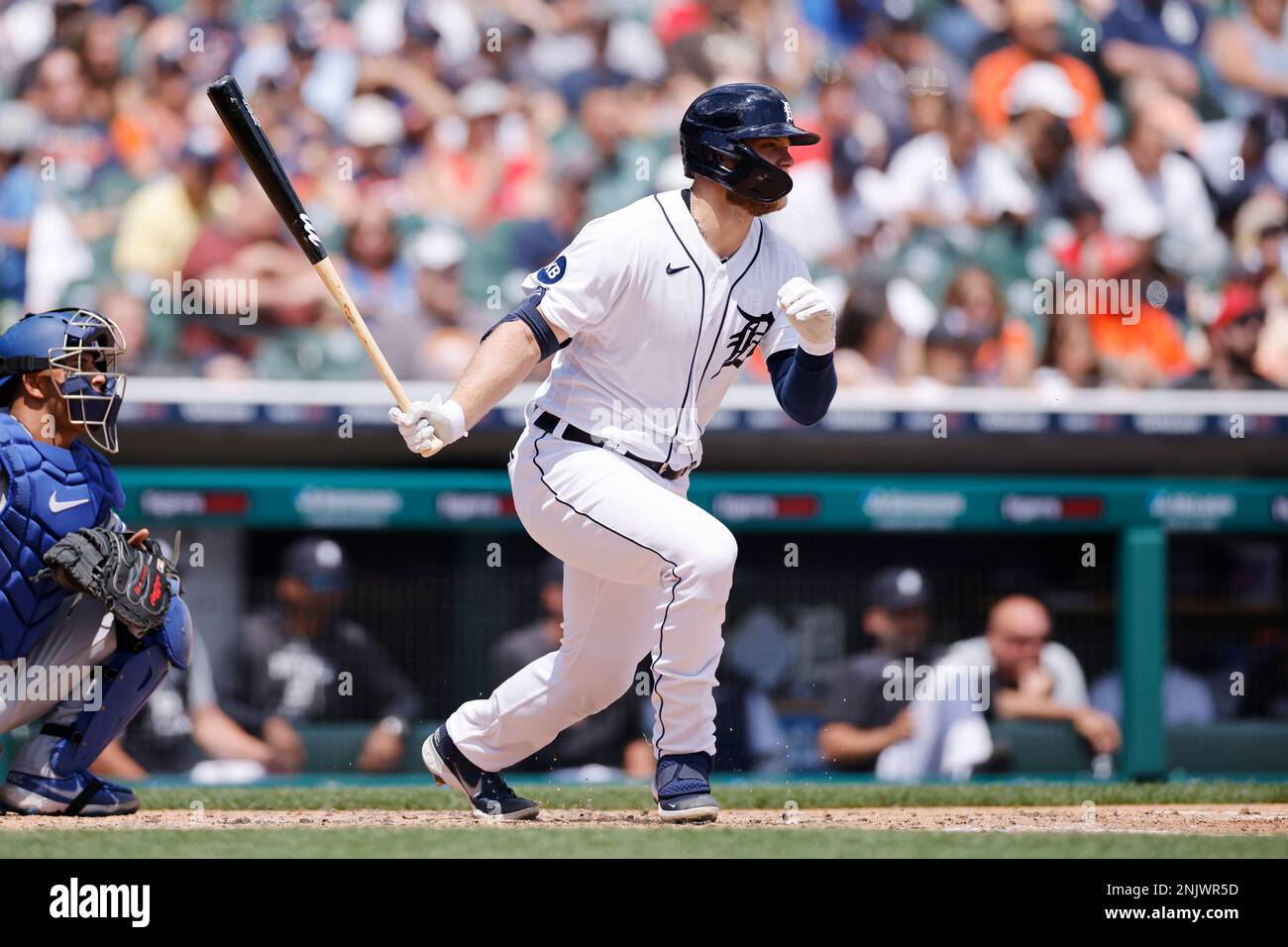 DETROIT, MI - JUNE 12: Detroit Tigers right fielder Austin Meadows (17)  bats against the Toronto Blue Jays on June 12, 2022 at Comerica Park in  Detroit, Michigan. The Blue Jays defeated