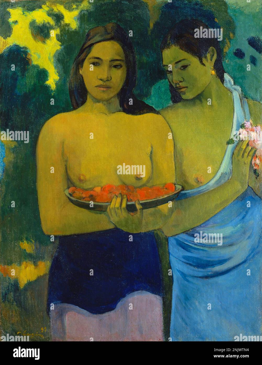 Tahiti: 'Deux Tahitiennes Aux Fleurs de Mangue' (Two Tahitian Women). Oil on canvas painting by Paul Gauguin (7 June 1848 - 8 May 1903), 1899.  'Two Tahitian Women' is an 1899 painting by Paul Gauguin. The painting depicts two topless women, one holding mango blossoms, on the Pacific Island of Tahiti.  Paul Gauguin was born in Paris in 1848 and spent some of his childhood in Peru. He worked as a stockbroker with little success, and suffered from bouts of severe depression. He also painted. Stock Photo