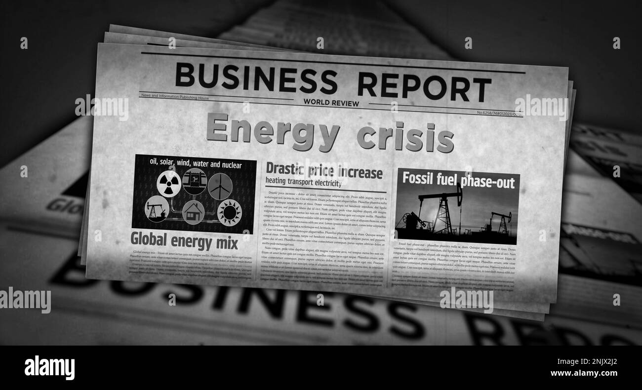 Energy crisis and fuel gas electricity price vintage news and newspaper printing. Abstract concept retro headlines 3d illustration. Stock Photo