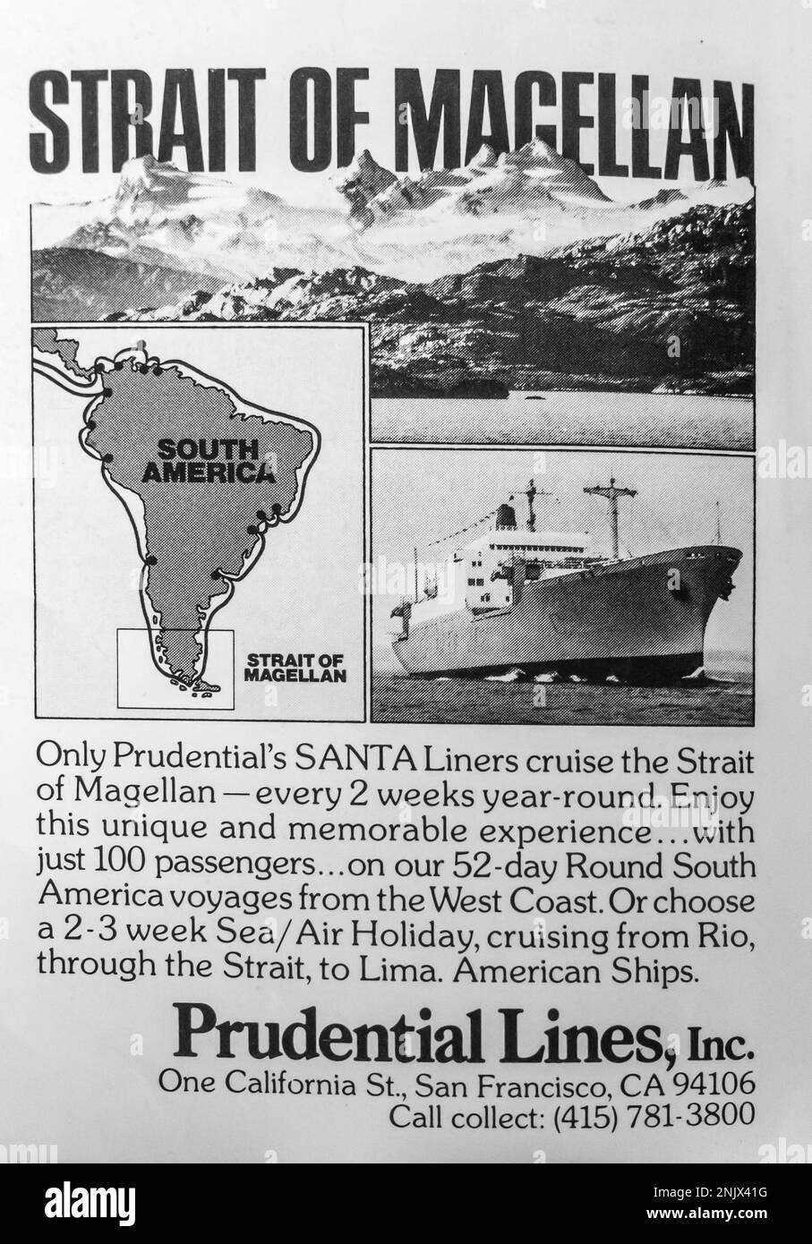 Prudential Lines Liners cruise - Strait of Magellan travel adventure advertisement in a NatGeo magazine, June 1976 Stock Photo