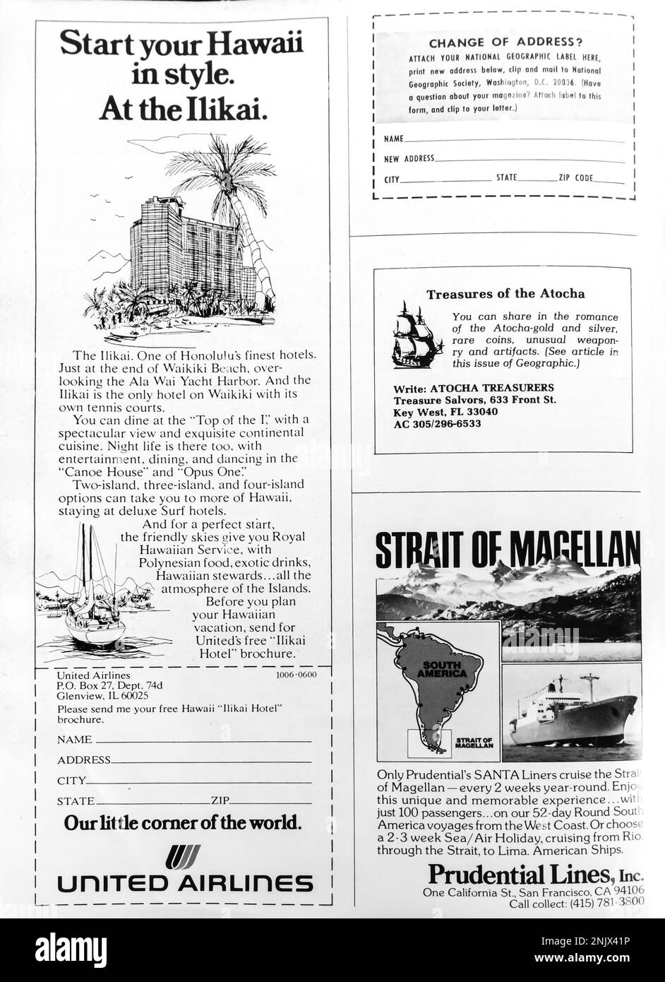 Advert page with travels ads, travel in America advertisement in a NatGeo magazine, June 1976 Stock Photo