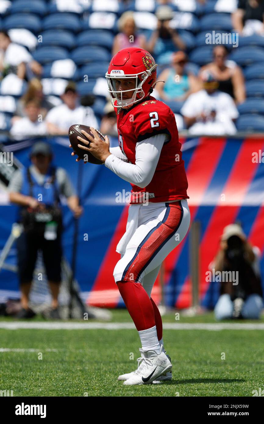 CANTON, OH - JUNE 25: New Jersey Generals quarterback Luis Perez (2) with  the ball in the first quarter during the USFL semifinal between the  Philadelphia Stars and the New Jersey Generals