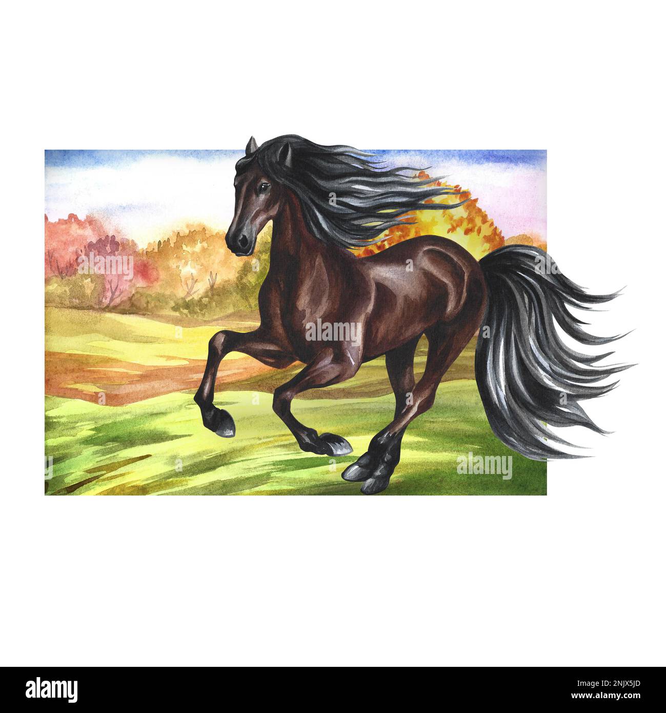 Running brown horse against the backdrop of an autumn landscape. Hand watercolor. For printing, stickers and labels. For postcards, business cards and Stock Photo