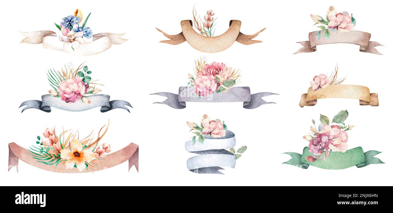 Ribbons with watercolor flowers. Decorative ribbon for text Stock Photo ...