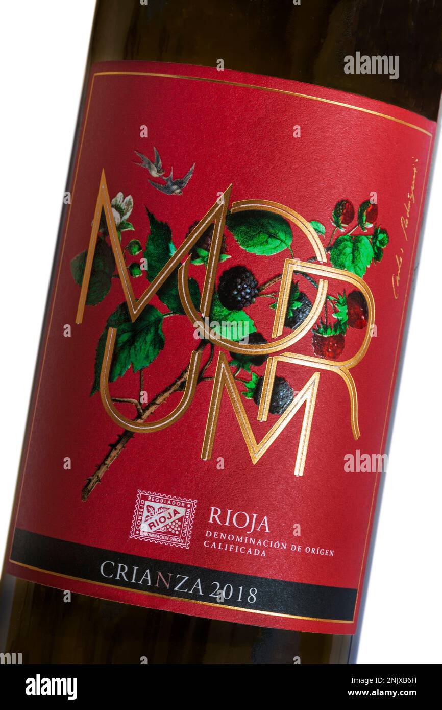 Label on Morum Rioja Crianza bottle of red wine product of Spain
