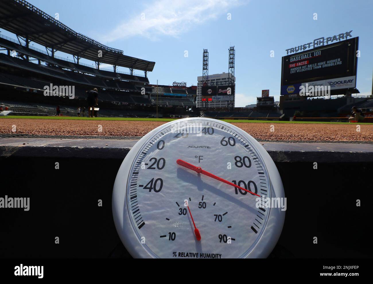 Temperature shows over 100 degrees before a baseball game between the