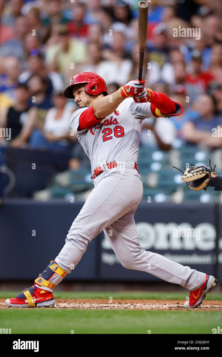 MILWAUKEE, WI - JUNE 22: St. Louis Cardinals center fielder Harrison Bader  (48) bats during an MLB game against the Milwaukee Brewers on June 22, 2022  at American Family Field in Milwaukee