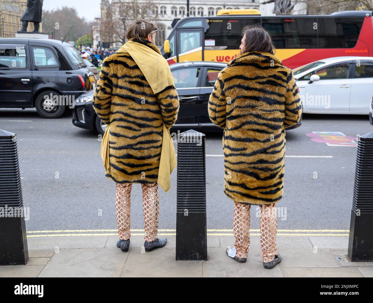 Siegfried and Joy - German magicians who appeared on America's Got Talent - in Parliament Square during a series of London shows. Feb 2023 Stock Photo