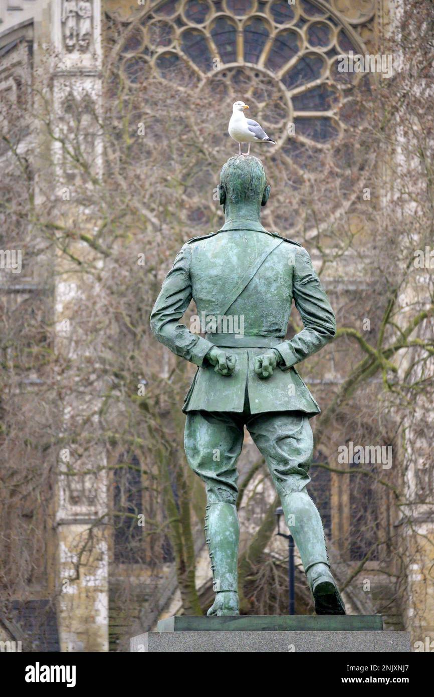 London, England, UK. Seagull on the head of the statue of Jan Smuts in Parliament Square, Westminster Abbey behind. Stock Photo