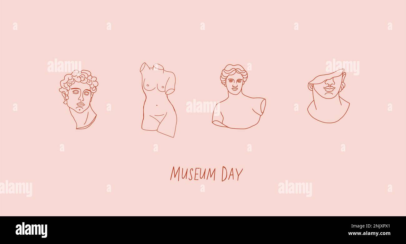 Vector set of museum statues isolated. Museum day horizontal banner
