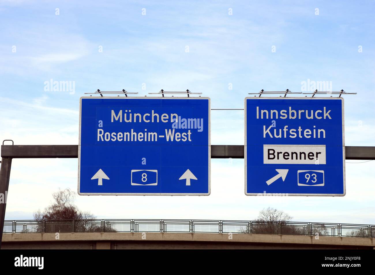 motorway signs in the direction of Munich, Rosenheim and Innsbruck, Kufstein, Germany, Bavaria, Muenchen Stock Photo
