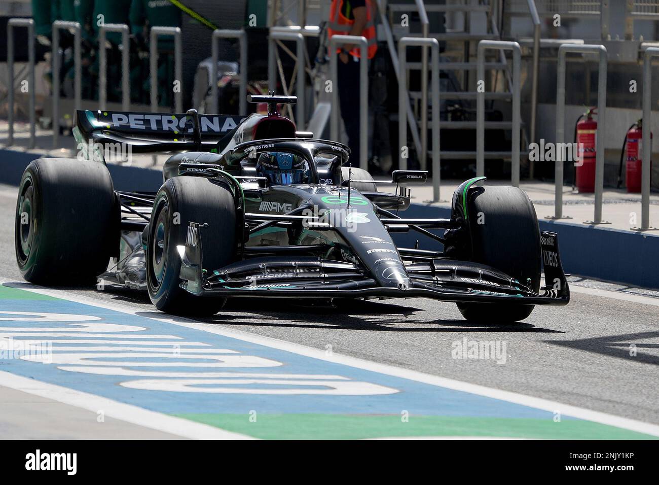 Sakhir, Bahrain. 23rd Feb, 2023. Motorsport: Formula 1 test drives in Bahrain. George Russell from Great Britain of Team Mercedes in the pit lane. Credit: Hasan Bratic/dpa/Alamy Live News Stock Photo