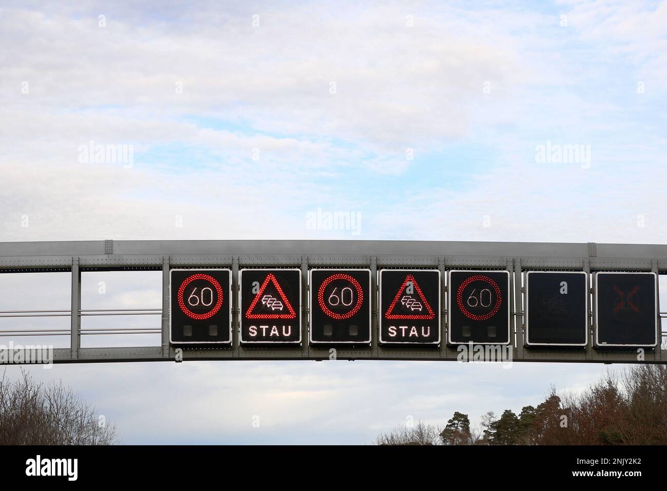 danger of traffic jams, variable message signs on the motorway Stock