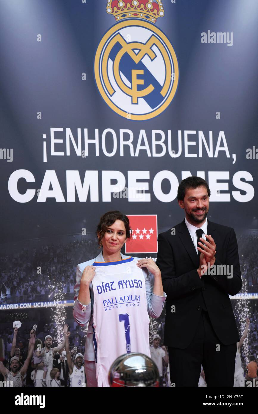 The president of the Community of Madrid Isabel Diaz Ayuso poses with a Real Madrid Basketball jersey at the event in which Real Madrid Basketball conquers the 36th ACB Endesa League at