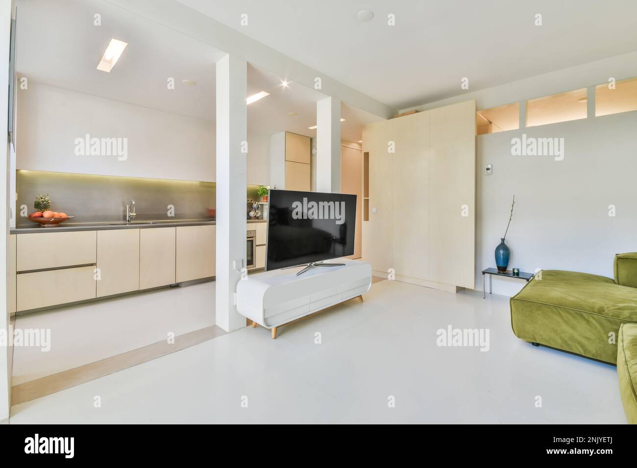 Interior of open plan kitchen with living room furnished by sofa and TV