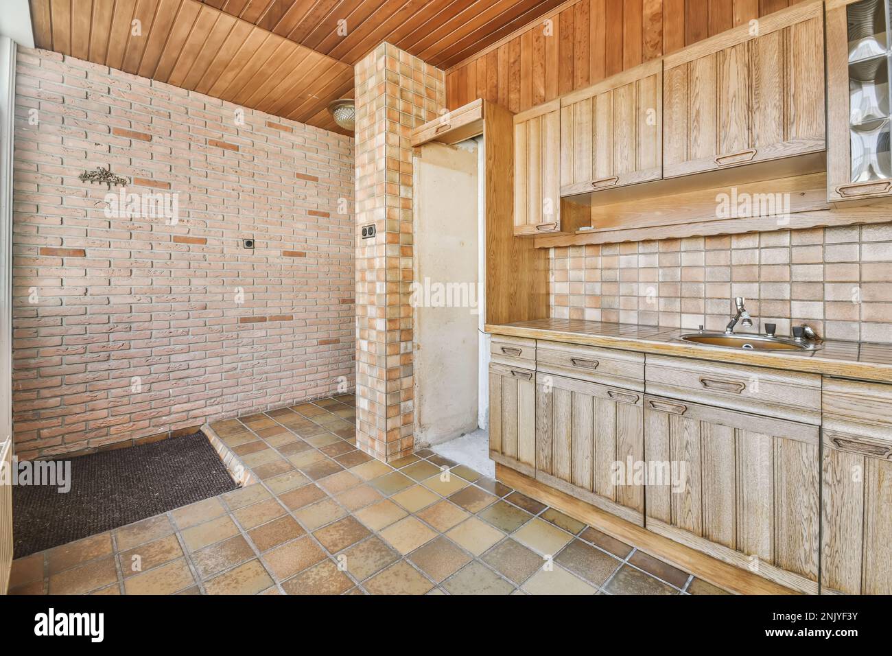 Interior design of rustic kitchen with wooden furniture and modern ...
