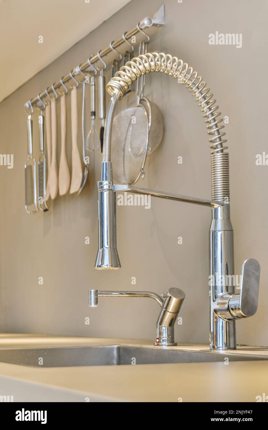 Contemporary interior design of kitchen with long tall faucet for