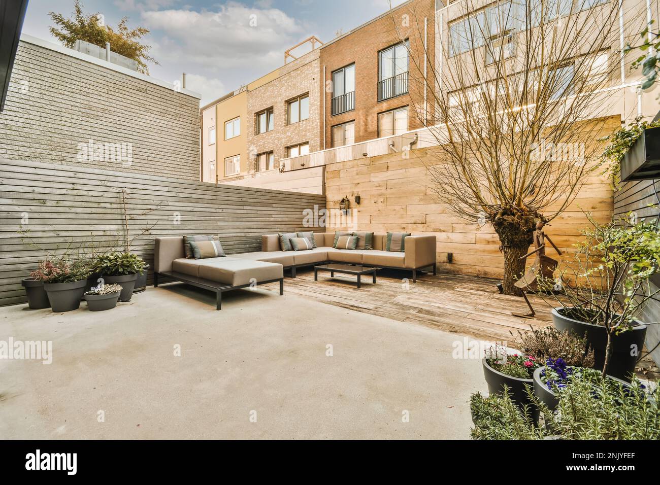 Contemporary interior design of spacious lounge area with comfortable