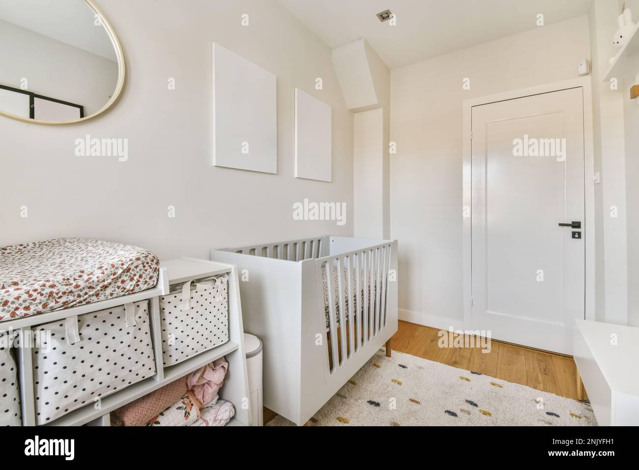 Interior design of modern light children room with empty white square