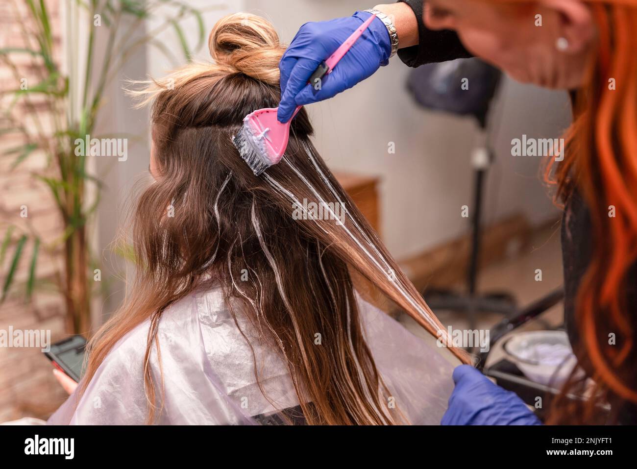 Side view female hairdresser in latex gloves dying hair of anonymous