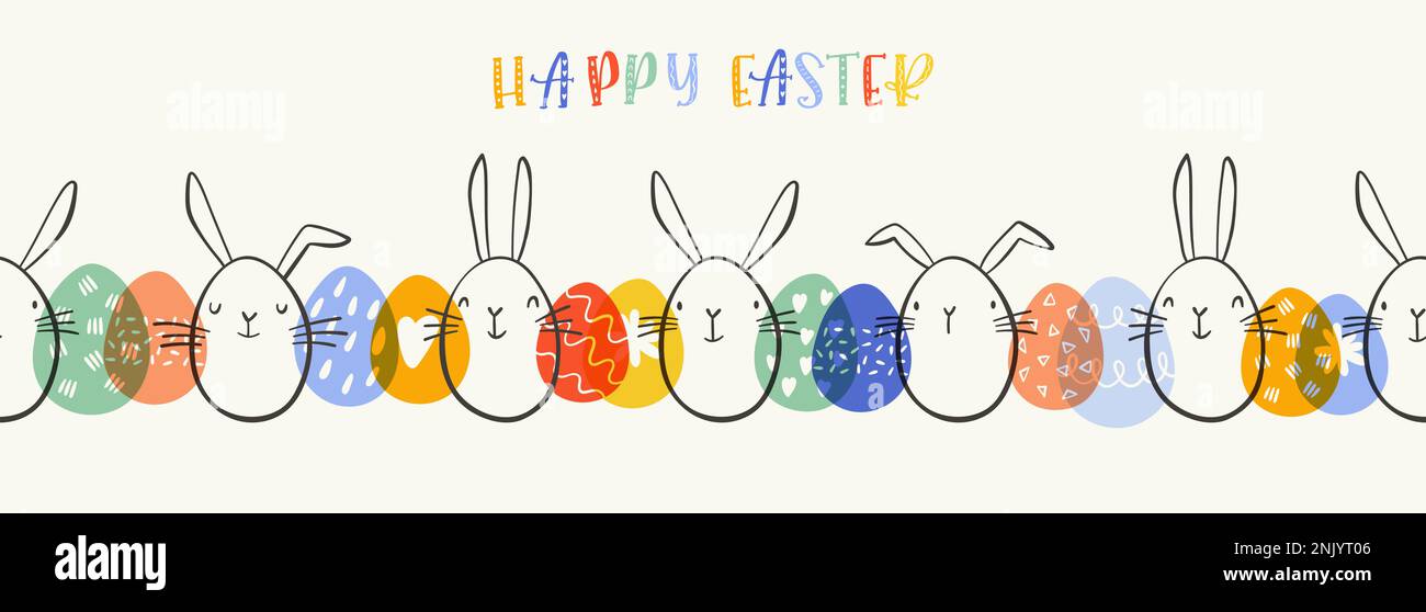 Cute hand drawn Easter horizontal seamless pattern with bunnies ...