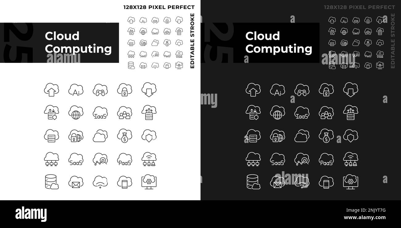Cloud computing pixel perfect linear icons set for dark, light mode ...