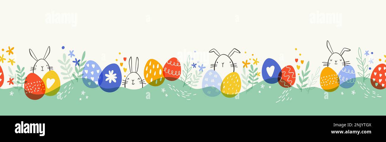 Cute hand drawn Easter horizontal seamless pattern with bunnies ...