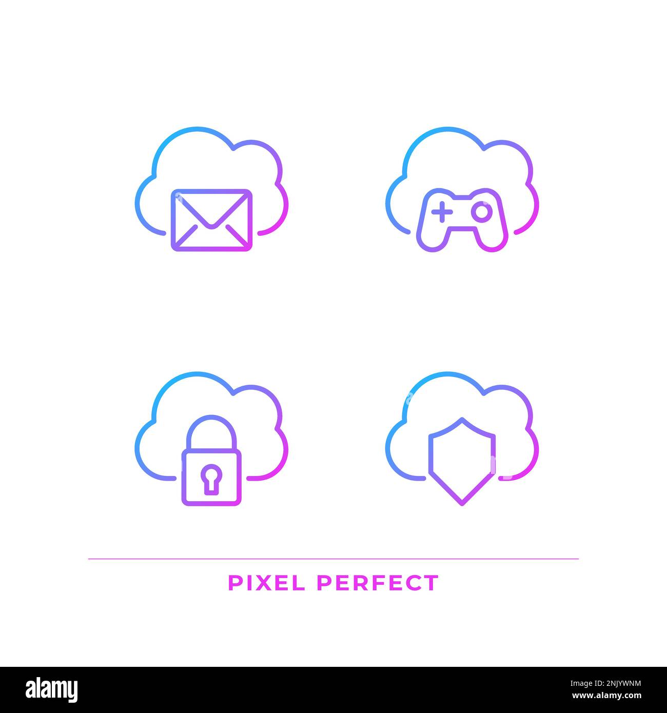 Purposes of cloud computing pixel perfect gradient linear vector icons set Stock Vector