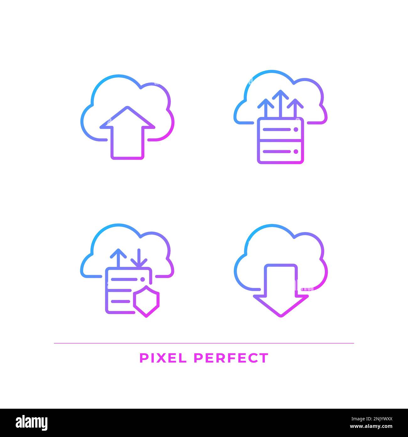 Data exchange via cloud resources pixel perfect gradient linear vector icons set Stock Vector