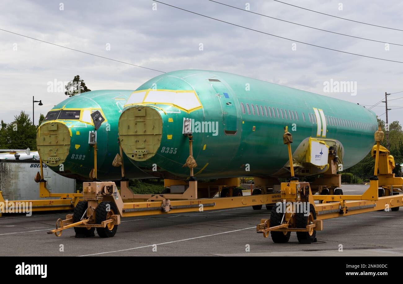 Fuselages for 737 MAX planes sit outside the building where the planes ...