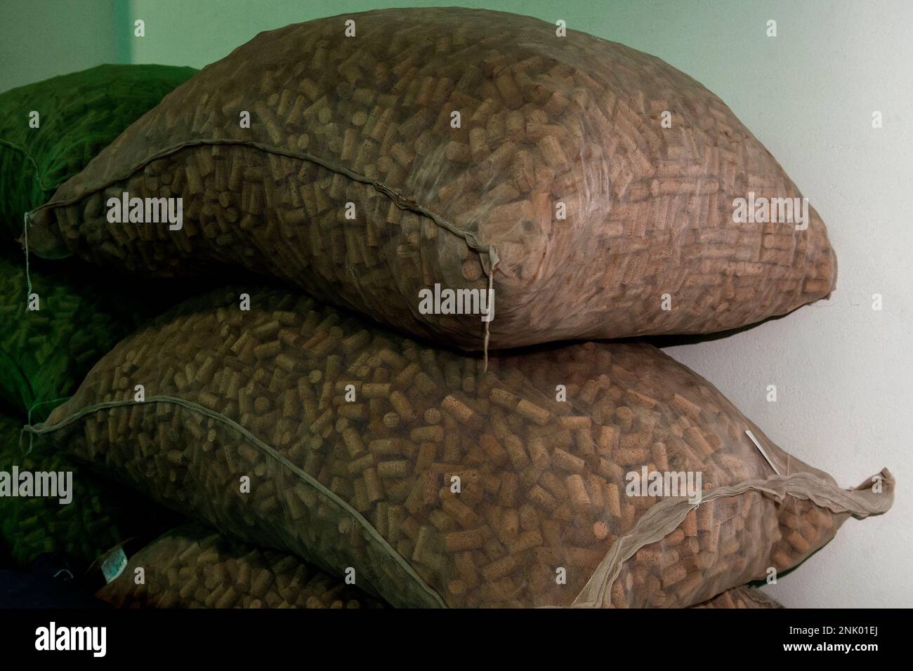 Sacks with bottle corks ready for distribution at the cork factory De