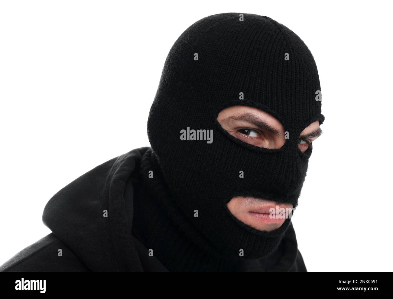 Man wearing black balaclava on white background Stock Photo Alamy
