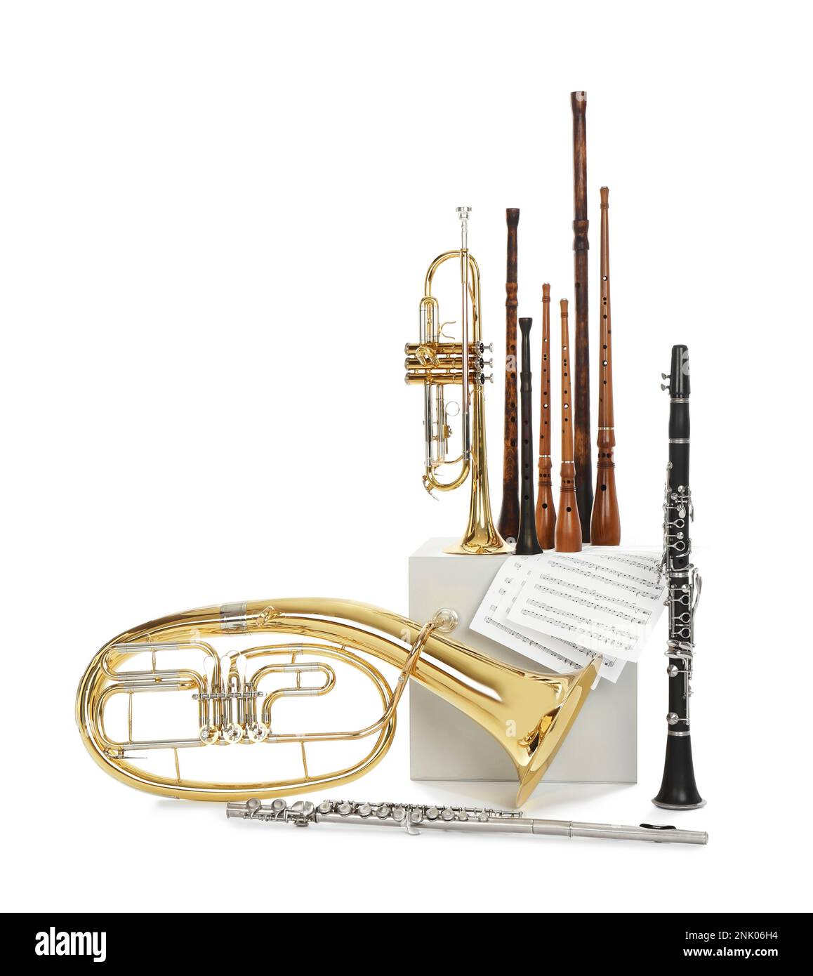 Set of wind musical instruments on white background Stock Photo Alamy