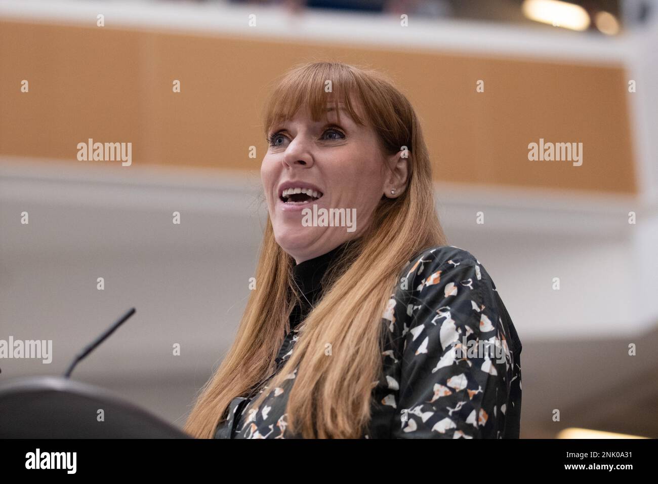 Manchester, UK. February 23rd, 2023.  Angela Rayner deputy leader speaks before Keir Starmer launches five bold missions for a better Britain at 1 Angel Square, Manchester UK. The Labour leader spoke in front of shadow cabinet colleagues and Manchester based politicians. He outlined the purpose of missions as. “It means providing a clear set of priorities. A relentless focus on the things that matter most.” Picture: garyroberts/worldwidefeatures.com/Alamy Live News Stock Photo