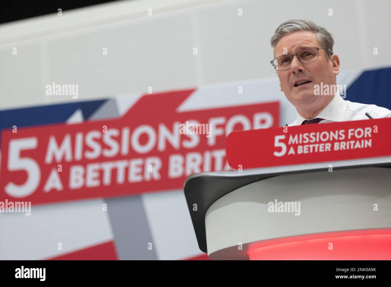 Manchester, UK. February 23rd, 2023.  Keir Starmer launches five bold missions for a better Britain at 1 Angel Square, Manchester UK. The Labour leader spoke in front of shadow cabinet colleagues and Manchester based politicians. He outlined the purpose of missions as. “It means providing a clear set of priorities. A relentless focus on the things that matter most.” Picture: garyroberts/worldwidefeatures.com/Alamy Live News Stock Photo