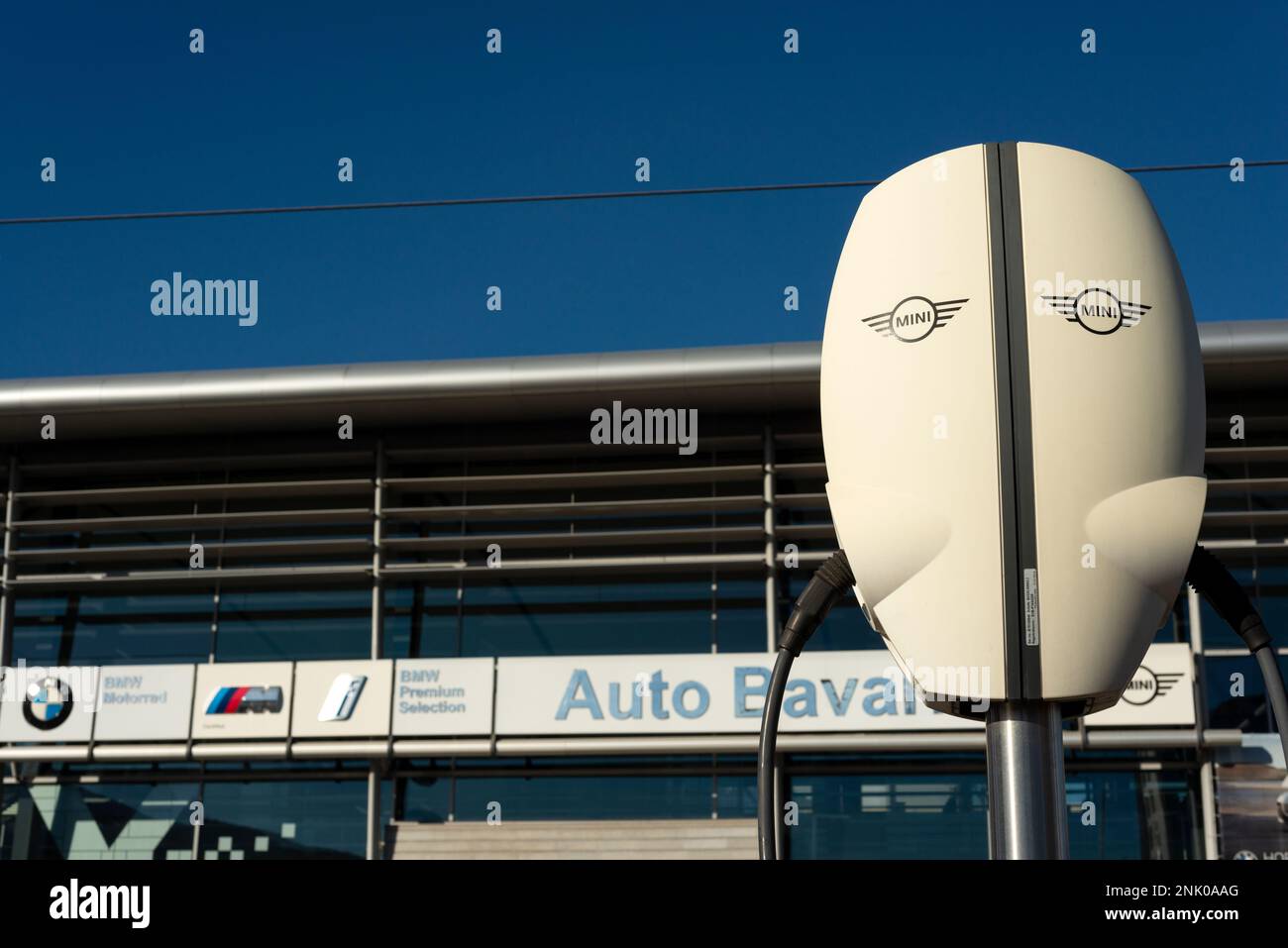 Evbox charging point or electric car charging station at the BMW and Mini dealership and headquarters in Sofia, Bulgaria, Eastern Europe, Balkans, EU Stock Photo