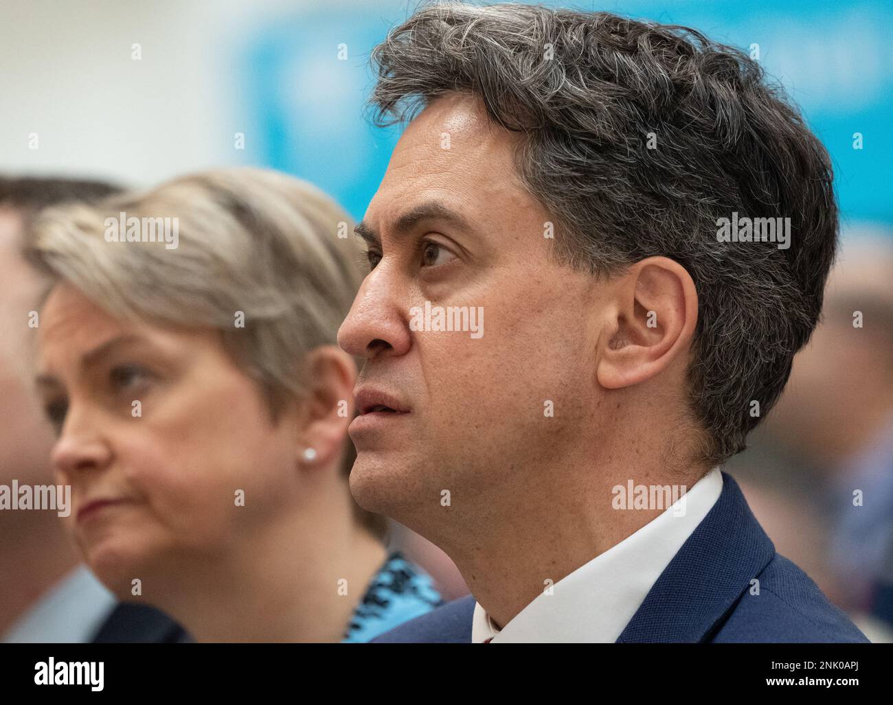 Manchester, UK. February 23rd, 2023.  Former leader Ed Milliband and Yvette Cooper listen as Keir Starmer shadow home secretary  launches five bold missions for a better Britain at 1 Angel Square, Manchester UK. The Labour leader spoke in front of shadow cabinet colleagues and Manchester based politicians. He outlined the purpose of missions as. “It means providing a clear set of priorities.  A relentless focus on the things that matter most.” Picture: garyroberts/worldwidefeatures.com/Alamy Live News Stock Photo