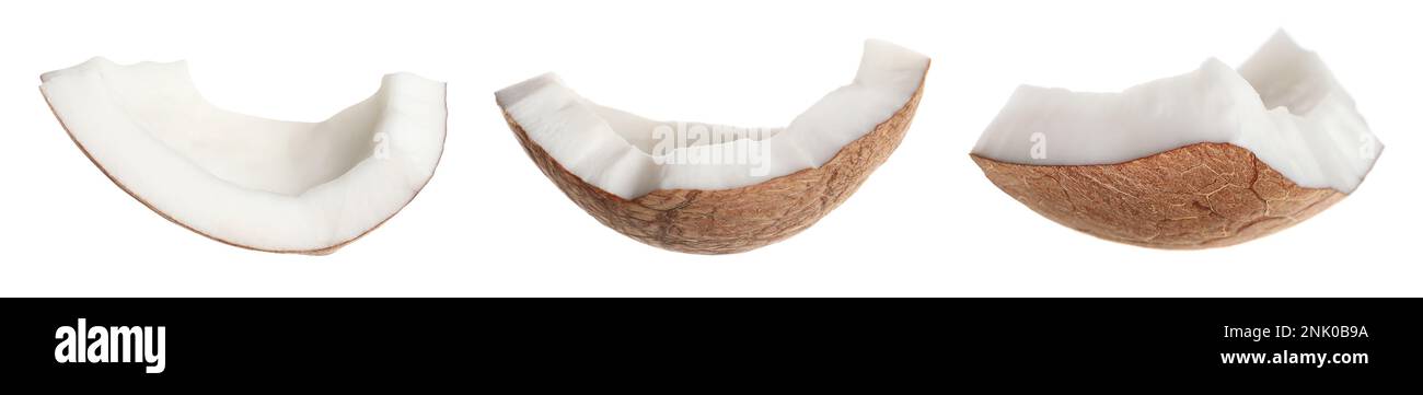 Set with pieces of ripe coconut on white background. Banner design ...