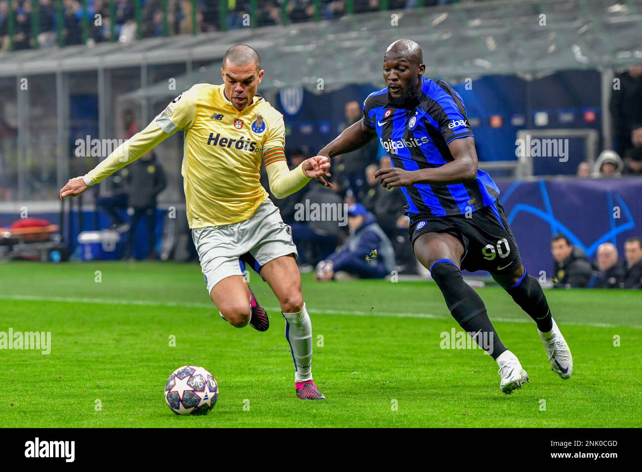 Milano, Italy. 22nd Feb, 2023. Pepe (3) of FC Porto and Romelu Lukaku (90) of Inter seen during the UEFA Champions League match between Inter and FC Porto at Giuseppe Meazza in Milano. (Photo Credit: Gonzales Photo/Alamy Live News Stock Photo