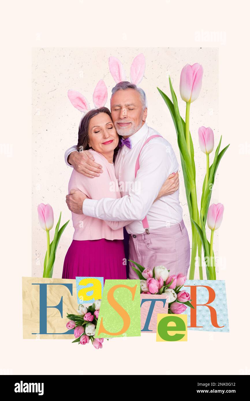 Creative image postcard collage of two people wife husband celebrate family easter gathering cuddling Stock Photo