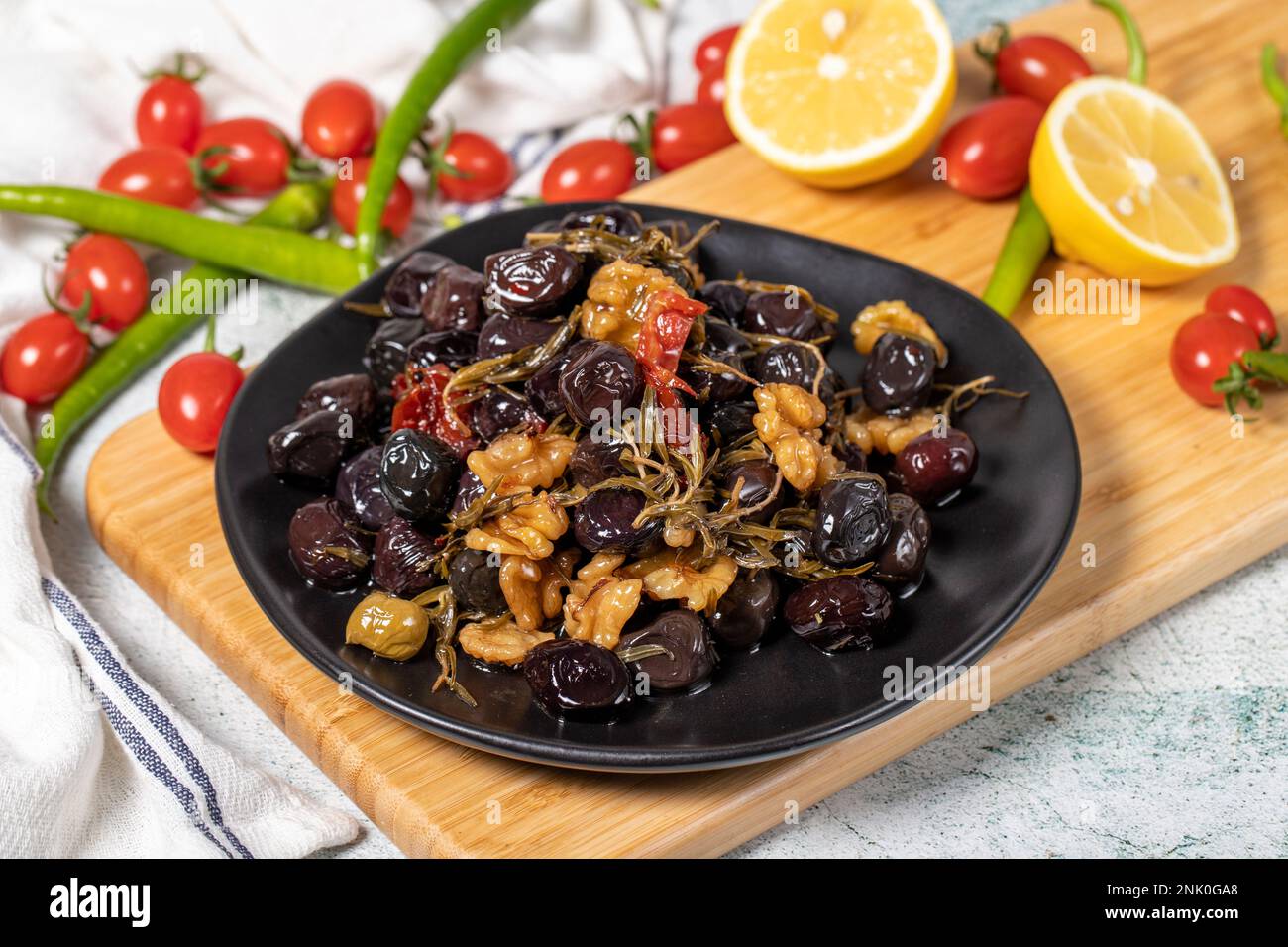 Mixed black olives. Special mixed olives prepared with dried red pepper