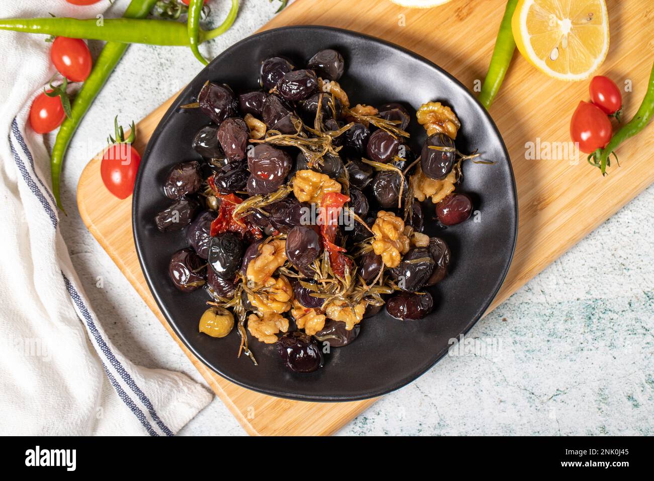 Mixed black olives. Special mixed olives prepared with dried red pepper