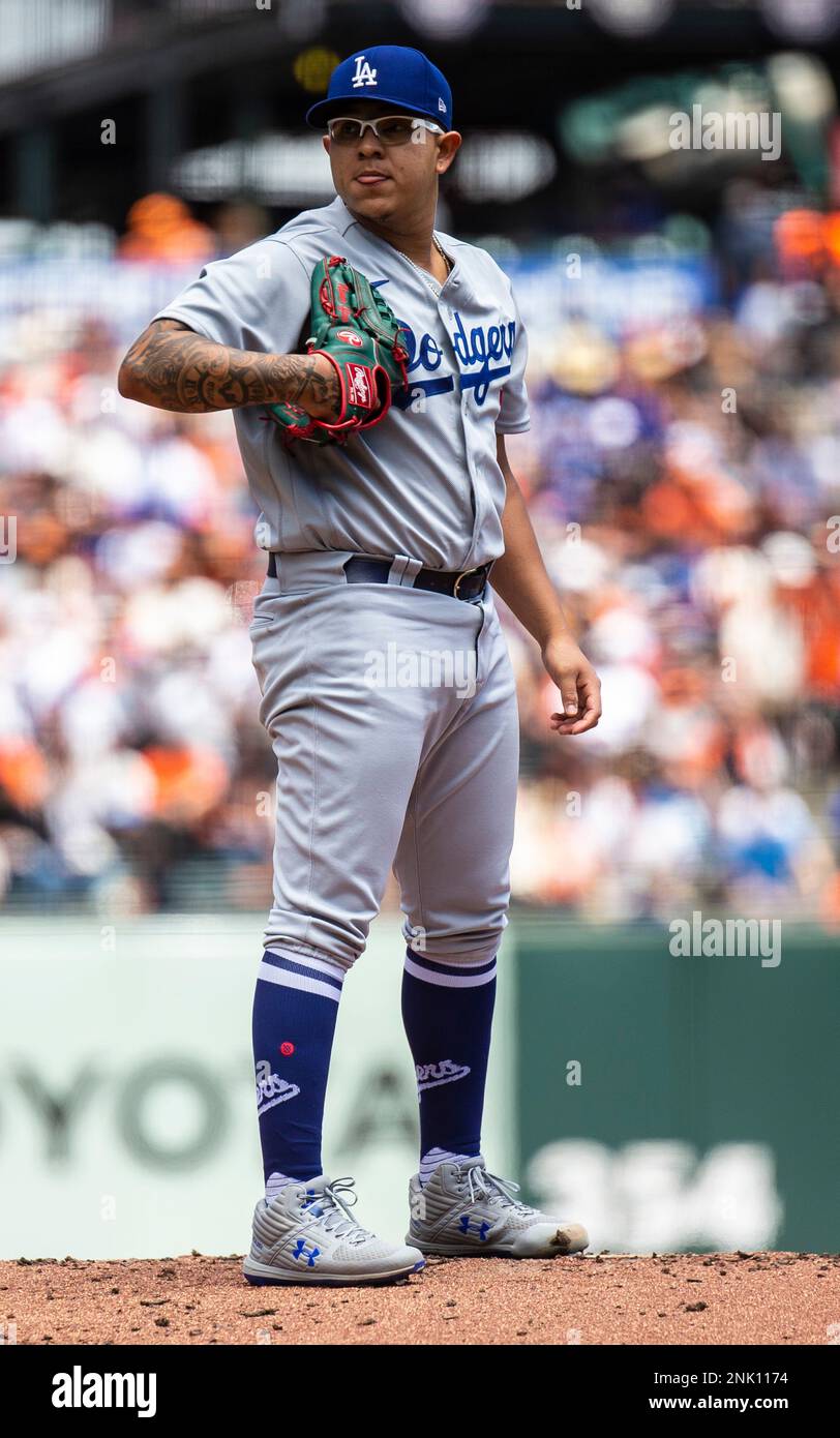 Los Angeles Dodgers pitcher Julio Urias (7) pitches the ball during an MLB  regular season game against the San Francisco Giants, Tuesday, May 3, 2022,  in Los Angeles, CA. (Brandon Sloter/Image of