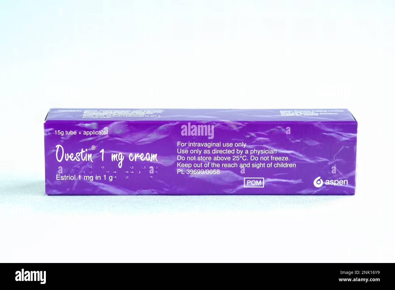 Ovestin cream which contains estriol. The drug is prescribed for vaginal atrophy, post menopausal hormone replacement to alleviate vaginal discomfort Stock Photo