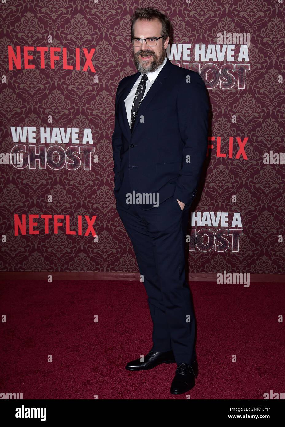 Hollywood, United States. 22nd Feb, 2023. HOLLYWOOD, LOS ANGELES, CALIFORNIA, USA - FEBRUARY 22: American actor David Harbour arrives at the Los Angeles Premiere Of Netflix's 'We Have A Ghost' held at the Netflix Tudum Theater on February 22, 2023 in Hollywood, Los Angeles, California, United States. ( Credit: Image Press Agency/Alamy Live News Stock Photo