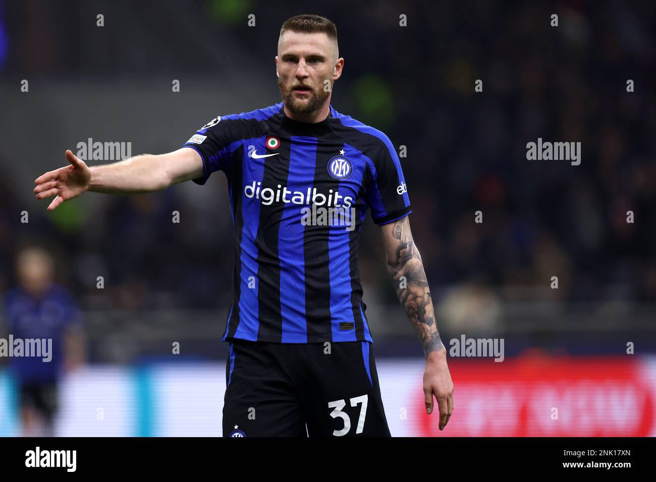 Milano Italy . February 22, 2023, Milan Skriniar of Fc Internazionale gestures during the Uefa Europa League Group C match between Fc Internazionale and Fc Porto at Stadio Giuseppe Meazza on February 22, 2023 in Milano Italy . Stock Photo