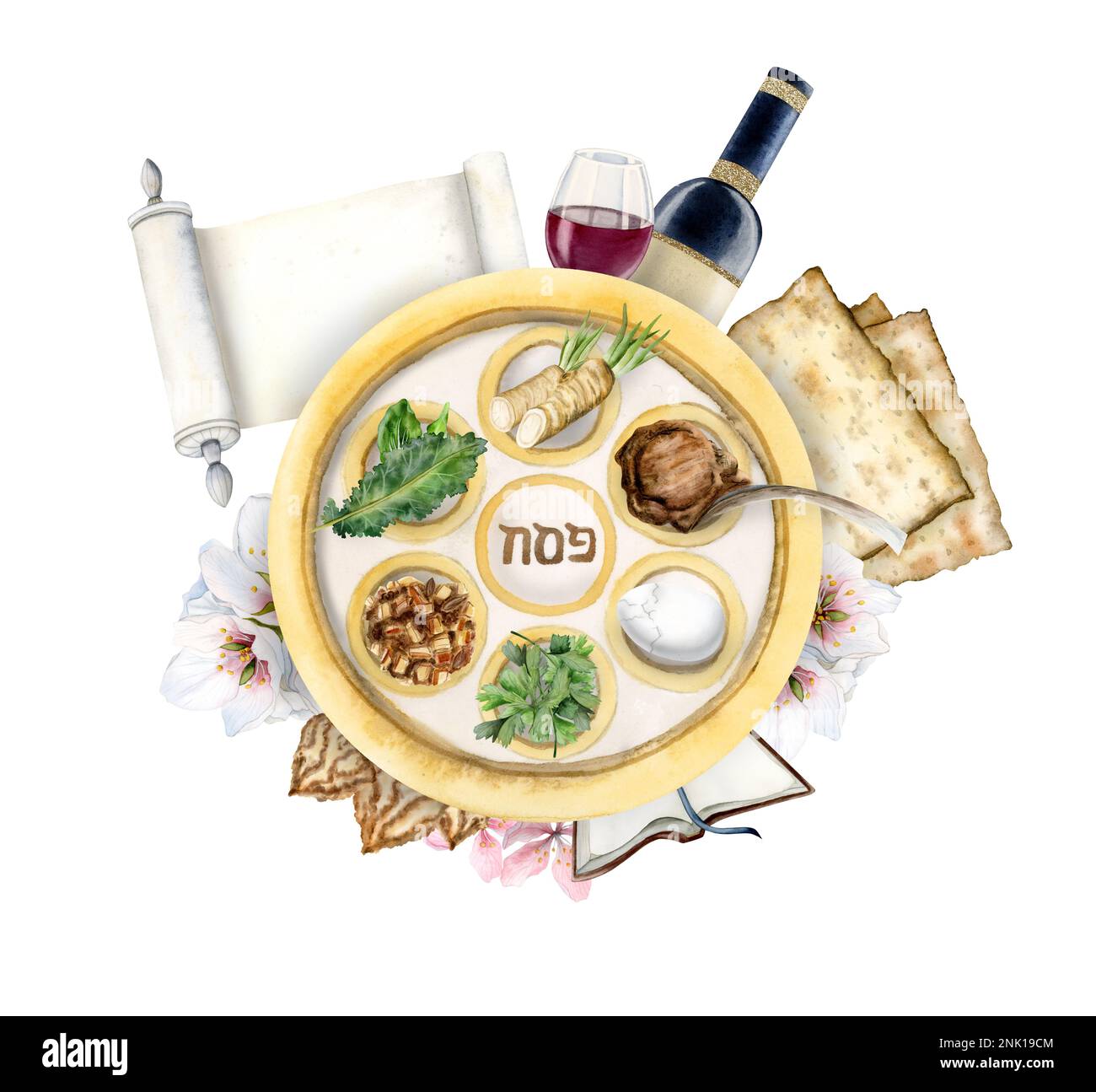Watercolor Passover symbols - seder plate with holiday food, wine, Haggadah scroll, matzah, horseradish, lamb leg bone, herbs Stock Photo