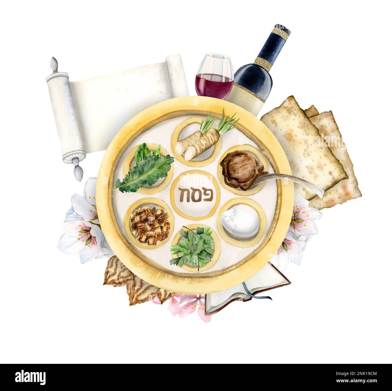 Watercolor Passover symbols seder plate with holiday food, wine