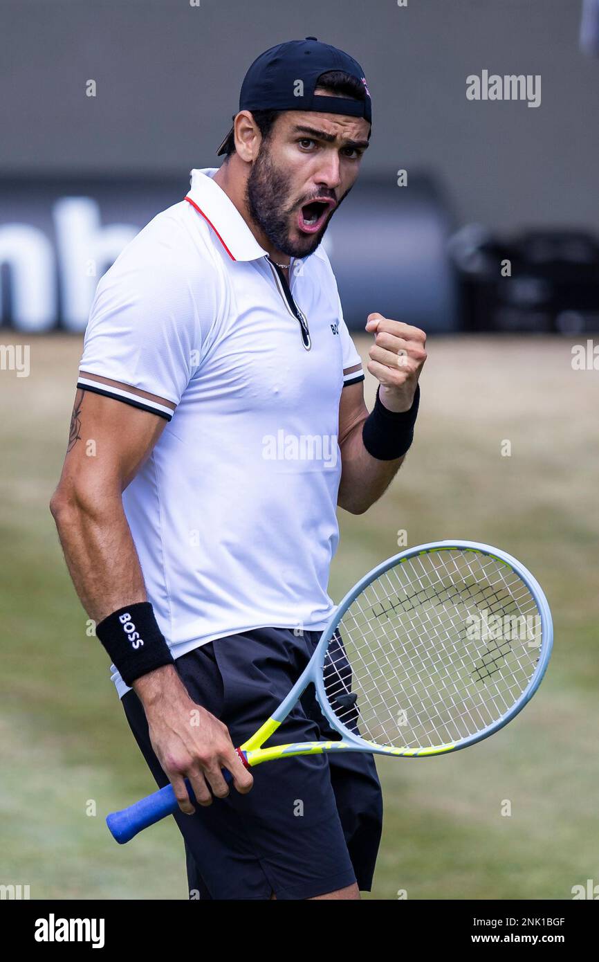 Italys Matteo Berrettini celebrates after winning a point to Germanys Oscar Otte in the semifinal match of the Stuttgart tennis tournament, in Stuttgart, Germany, Saturday, June 11, 2022
