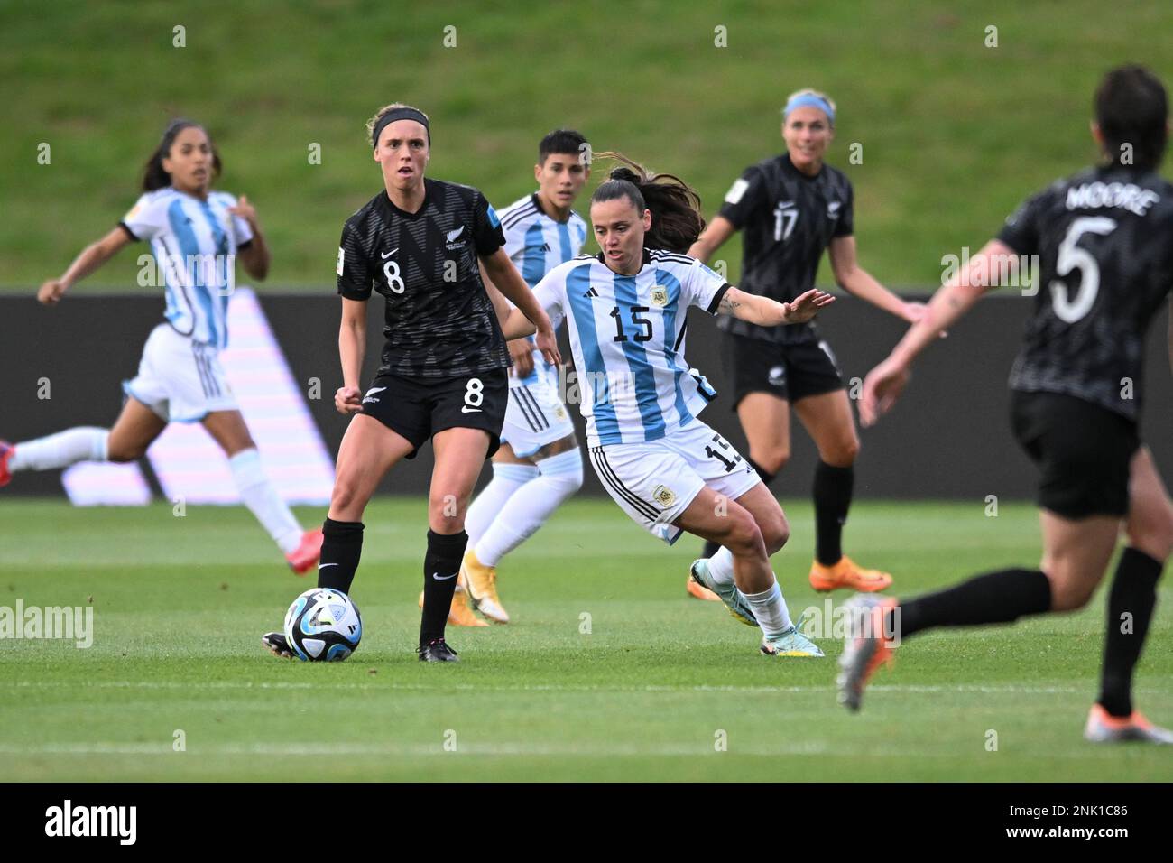 Auckland, New Zealand. 23rd Feb, 2023. Daisy Cleverley (L) of New Zealand National Women's soccer team and Florencia Bonsegundo (R) of Argentina National Women's soccer team in action during the FIFA Women's World Cup 2023 friendly game between Argentina and New Zealand held at the North Harbour Stadium. Final score: Argentina 1:0 New Zealand. Credit: SOPA Images Limited/Alamy Live News Stock Photo